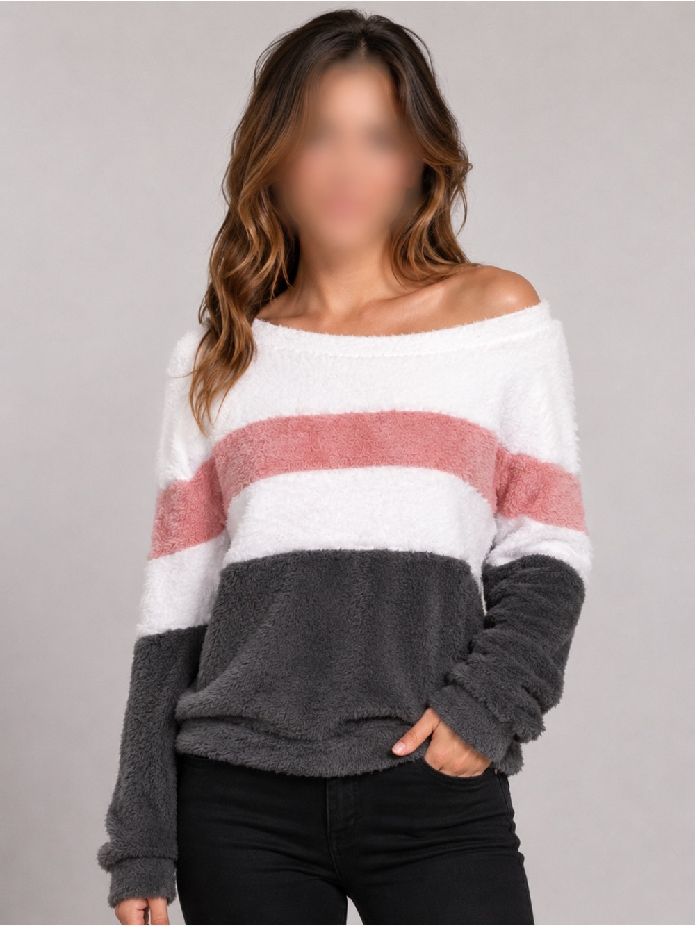 Cozy Off-Shoulder Fuzzy Stripe Sweater in White, Dusty Pink & Charcoal